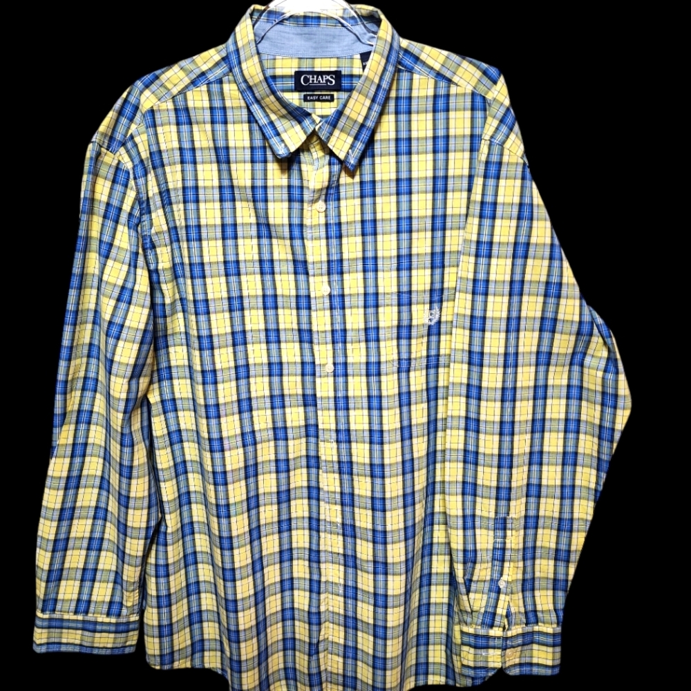 Big and Tall Chaps Blue & Yellow plaid button long sleeve dress shirt XXL Preppy